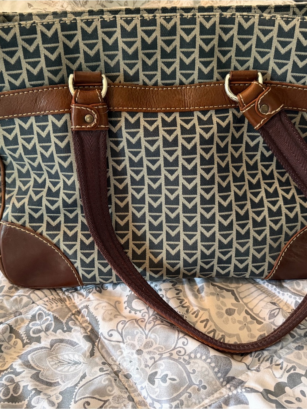 Michael Kors Navy Patterned Tote with Brown Trim